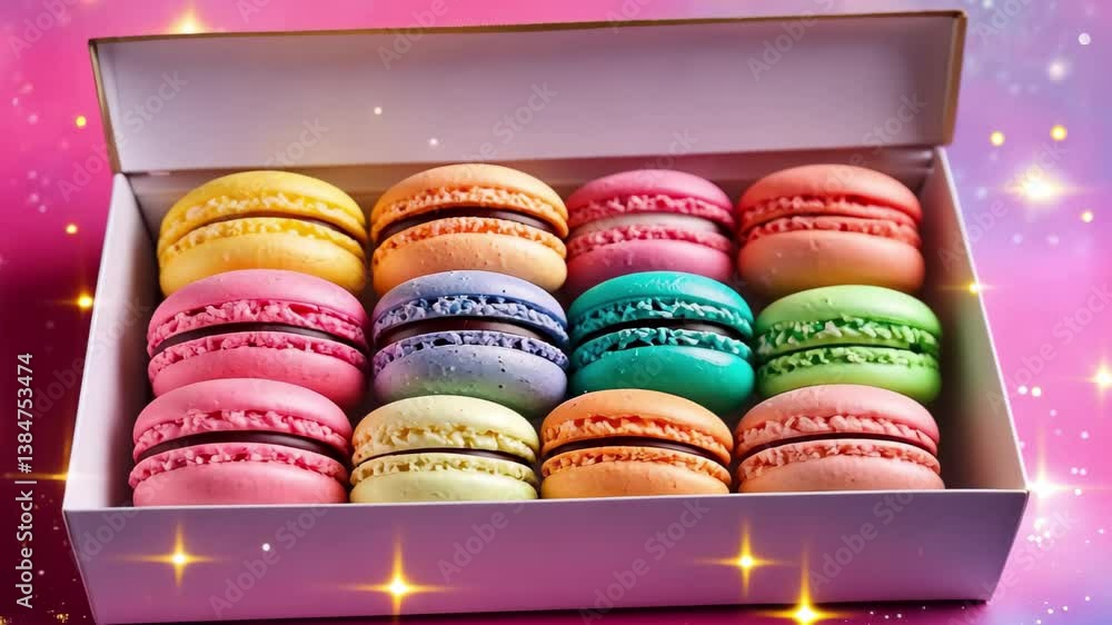 Poster assorted macaroons displayed in a white box on a pastel pink background with sparkles, assorted maca