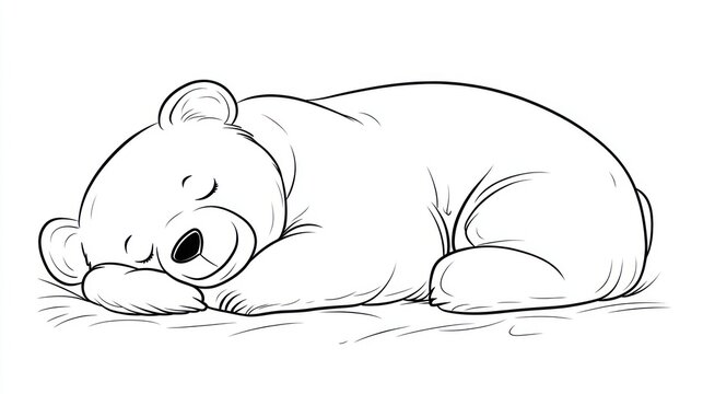 A cute, outlined bear curled up sleeping with a smile, on a page for coloring for kids, set against a plain white background. coloring book page