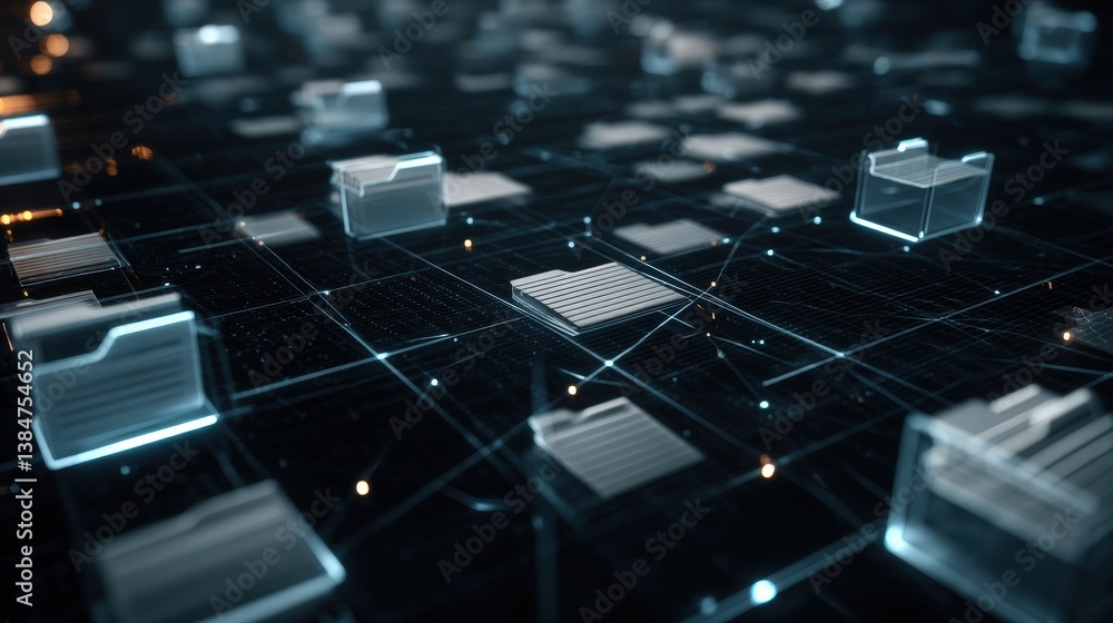 Poster abstract network grid with files and folders, futuristic software interface, digital document manage