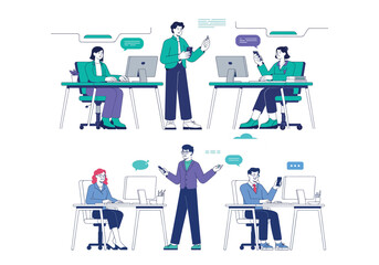 Office team collaborating through digital communication and teamwork vector illustration