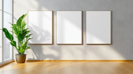A modern interior showcasing three empty frames on a wall, a leafy plant nearby, and sunlight streaming through large windows.