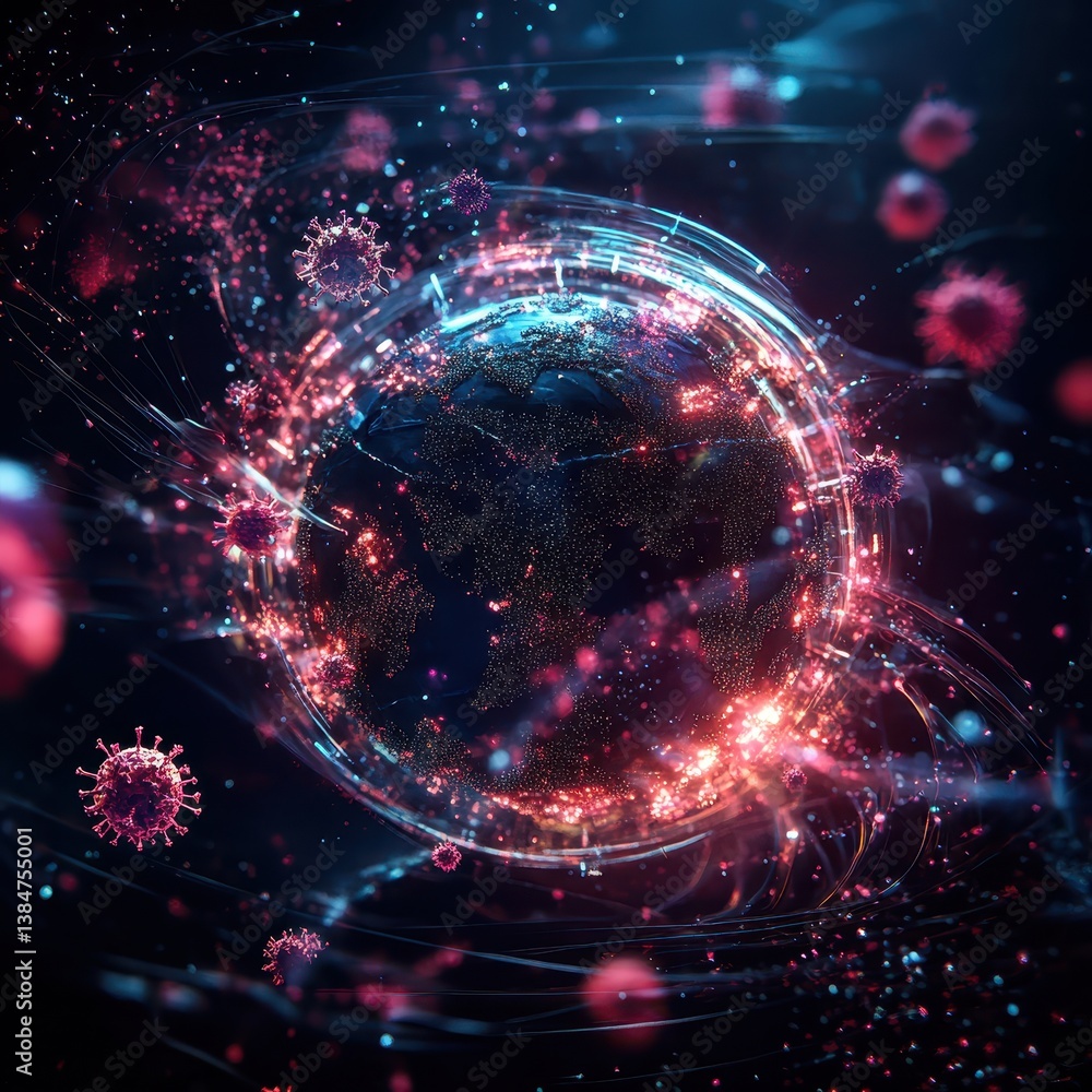Poster abstract representation of a global pandemic with floating viruses