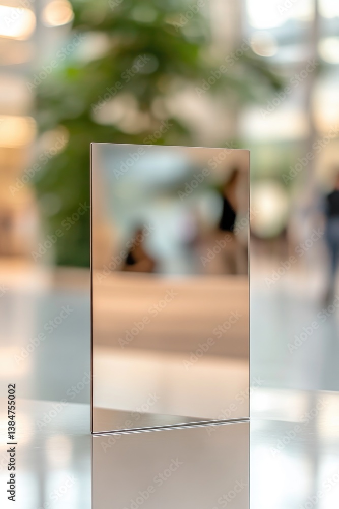 Poster minimalistic image of polished mirror reflecting surrounding light blurred people in background crea