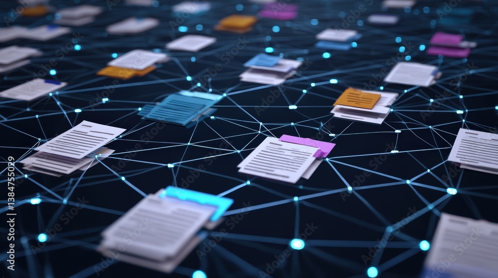 Poster abstract network grid with files and folders, futuristic software interface, digital document manage