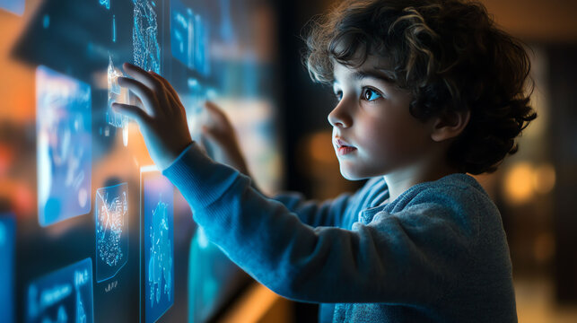 Young Student Interacting with Interactive Smartboard Technology in Classroom