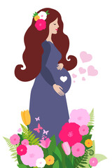 Pregnancy woman in a pregnant dress on a background with flowers and leaves.  Future mom. Pregnancy banner. Happy pregnant woman touching belly. Young  woman. Expecting baby. Vector illustration