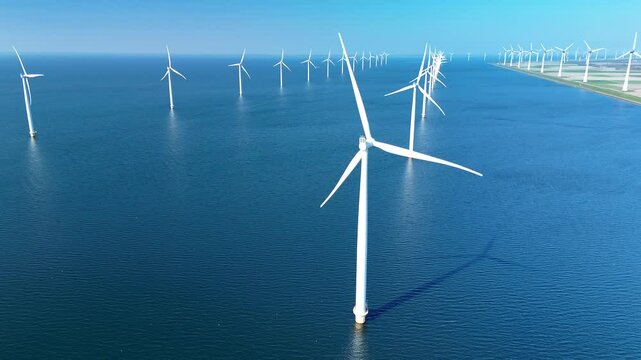Offshore wind turbines stand tall against the clear blue sky, generating renewable energy in the North Sea. This impressive windmill park embodies the future of sustainable energy in the Netherlands.