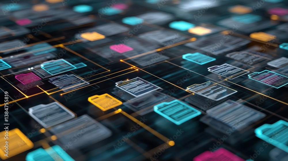 Poster abstract network grid with files and folders, futuristic software interface, digital document manage