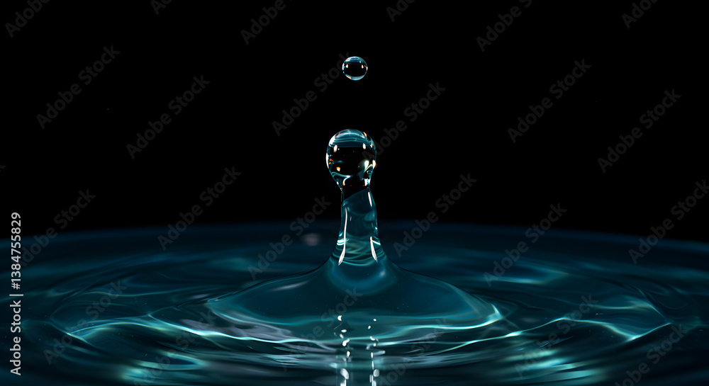 Poster dramatic macro shot of a water droplet splash against a black background with intricate ripples and 