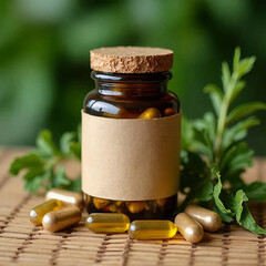 Herbal extract capsules in a glass jar with kraft paper label, placed beside traditional Thai herbs on a bamboo mat, natural light.