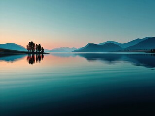 Tranquil evening by the lake with mountains and trees reflecting on still water