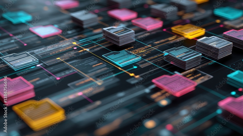 Poster abstract network grid with files and folders, futuristic software interface, digital document manage