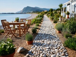 Naklejka premium Cozy outdoor dining area by the beach with a beautiful view of the mountains at sunset