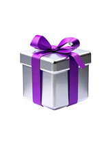 Fototapeta premium Flying silver gift box with purple bow