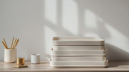 Neutral file trays stacked neatly on a minimalist desk accented by muted gold pen holders and small ceramic decor