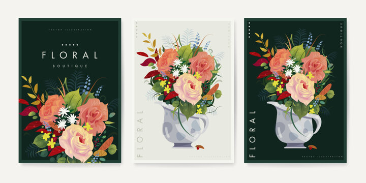 Floral boutique poster design template set. Flower shop banner collection. Botanical greeting card. Hand drawn bouquet of flowers. Natural background. Vector illustration