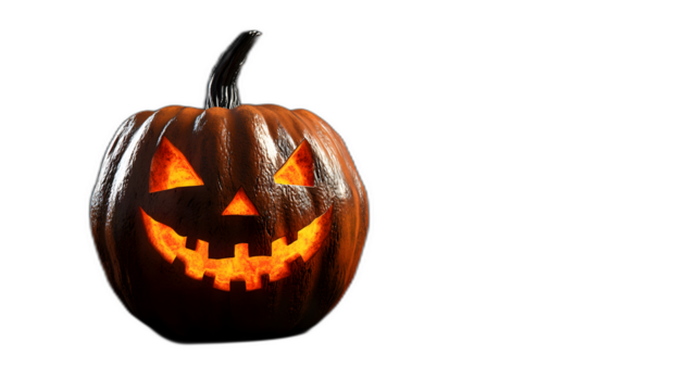 3D model of a Jack-o-lantern with a sinister grin placed against a solid black background