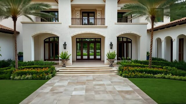 Luxurious villa entrance with stunning architecture, palm trees, and beautiful garden oasis