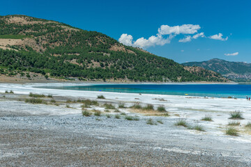 Salda Lake, Burdur, Turkey. View of Salda Lake under the blue sky with white sand and clear water. Turquoise lansdscape
