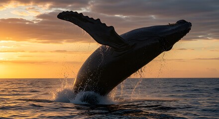 Fototapeta premium Majestic Humpback Whale Breaching at Sunset