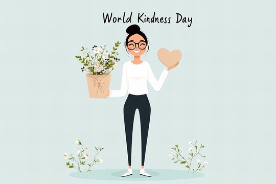 World kindness day female asian young holding heart and flowers illustration - Powered by Adobe