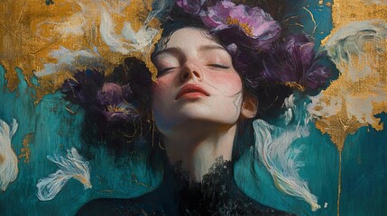 Serene Woman Portrait with Flowers and Gold