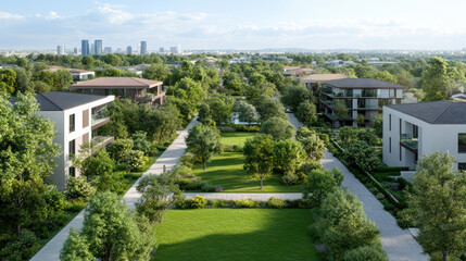 Aerial view of sustainable neighborhood surrounded by greenery and modern architecture