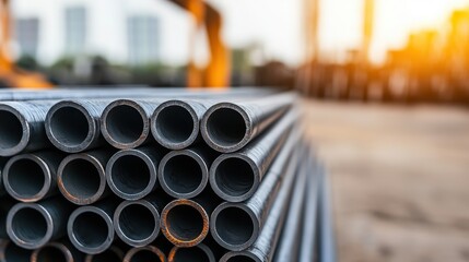 Stacked metal pipes in yard