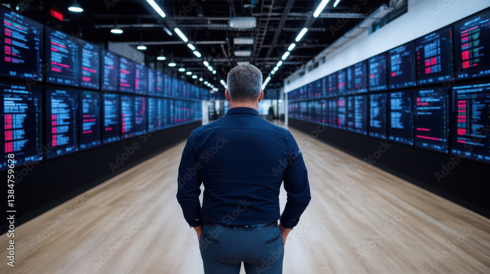 Poster professional man stands in modern data center, observing digital screens displaying analytics