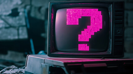 Vintage Television Displaying Pink Pixelated Question Mark on Gray Brick Background