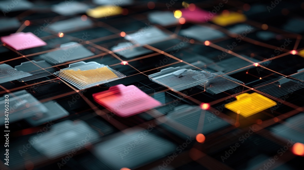 Poster abstract network grid with files and folders, futuristic software interface, digital document manage