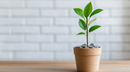 plant growing in pot filled with coins symbolizes financial growth and investment