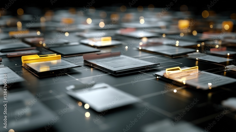 Poster abstract network grid with files and folders, futuristic software interface, digital document manage