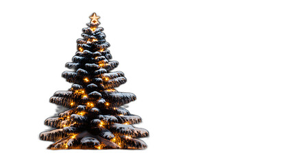3D rendering of a snow-covered Christmas tree in a snowy forest with glowing lights and ornaments placed against a solid black background