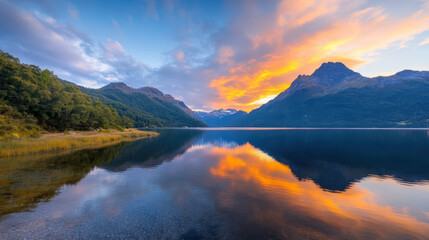 serene mountain lake reflecting vibrant sunset sky, surrounded by lush greenery and majestic