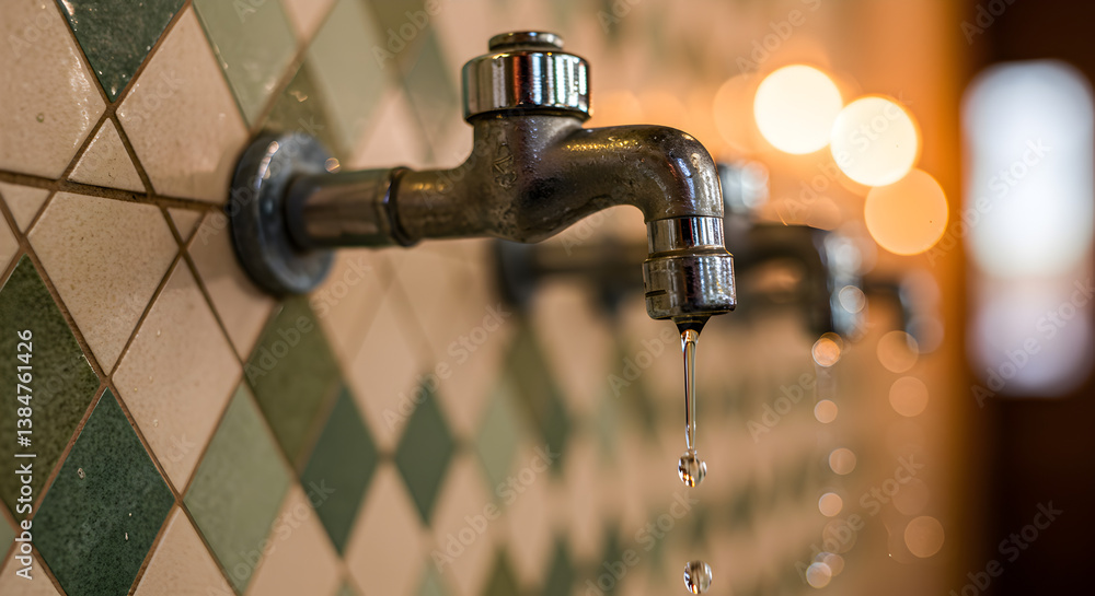 Poster close up of row of chrome faucets with dripping water against diamond pattern tiles in warm interior