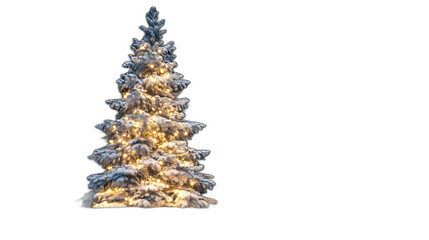 3D rendering of a snow-covered Christmas tree with glowing lights and ornaments standing in a snowy forest placed against a solid black background