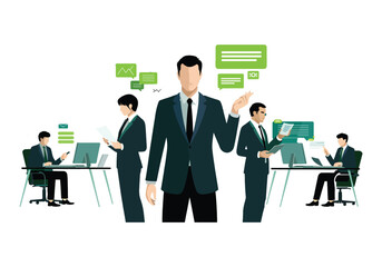 Business professionals communicating in office through digital messages vector illustration