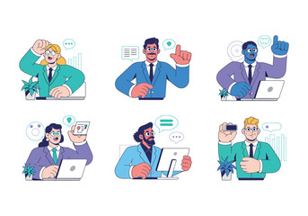 Business professionals presenting ideas and data using digital devices vector illustration