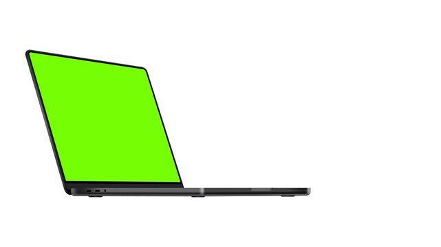 Black Laptop Mockup With Green Screen. Animated Computer With Side Perspective View, On White And Black Background
