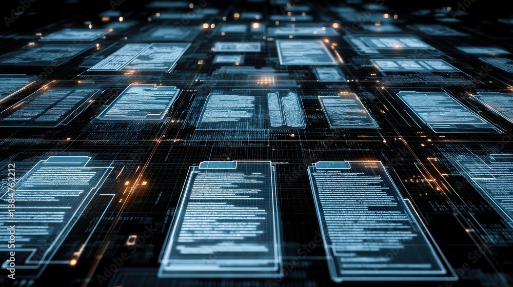 Poster abstract network grid with files and folders, futuristic software interface, digital document manage