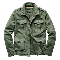 A Stylish Green Army Jacket with Buttoned Collar and Pockets Isolated on Transparent Background