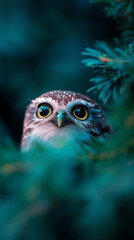 Owl peeking through pine branches in twilight