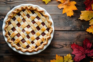 Delicious Apple Pie on Rustic Wooden Table with Autumn Leaves. A tempting overhead shot of a freshly baked apple pie, perfect for Thanksgiving or autumn celebrations.