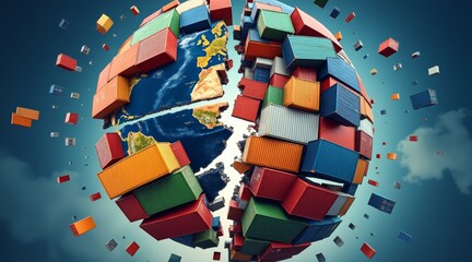 Fragmented globe made of shipping containers against a blue sky. Abstract globe made of shipping containers, breaking apart, global conflict in trade Reciprocal Tariffs, Tariff War, Global Conflict