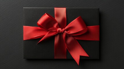 A top down view of a black gift box tied with a vibrant red satin ribbon on a dark background