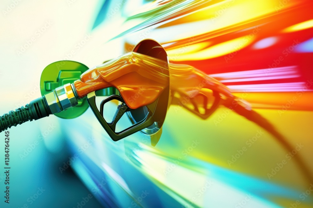 Poster modern digital abstract representation of gasoline flowing in vibrant colors alongside eco-friendly 