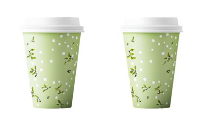 Green floral coffee cups with white lids and leafy design isolated on transparent background PNG