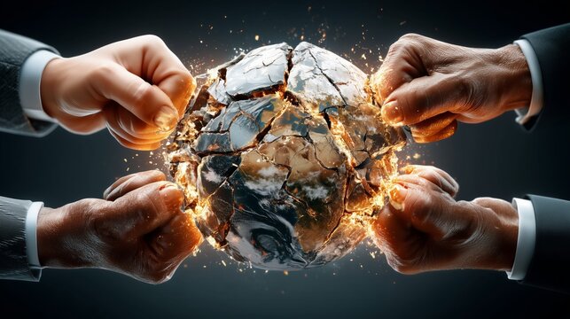 Hands breaking a globe, symbolizing conflict and struggle over the world. Reciprocal Tariffs, Tariff War, and Global Conflict Cracked globe held by politicians in suits arguing over tariffs concept