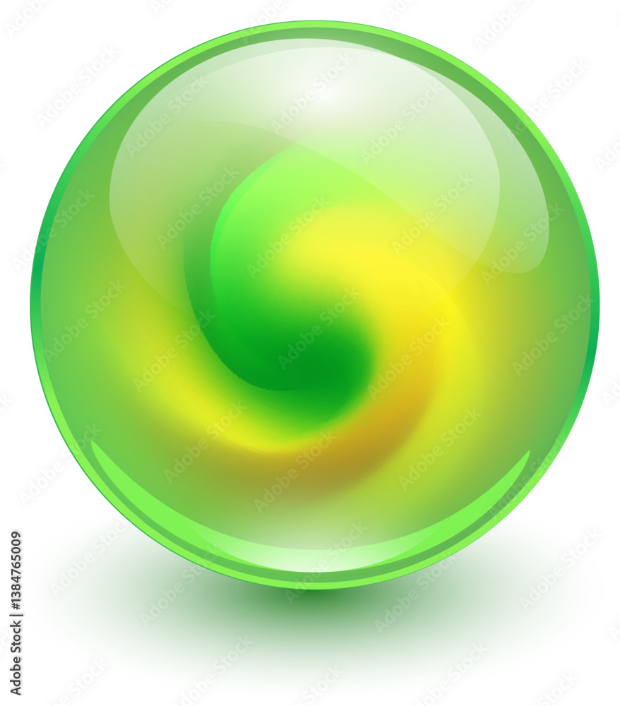 Poster glass ball with abstract green spiral shape inside, shiny sphere with interesting marble pattern.